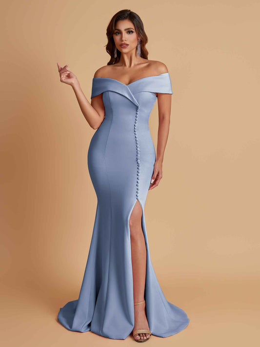 Elegant Soft Satin Mermaid Off Shoulder Side Slit Floor-Length Bridesmaid Dresses