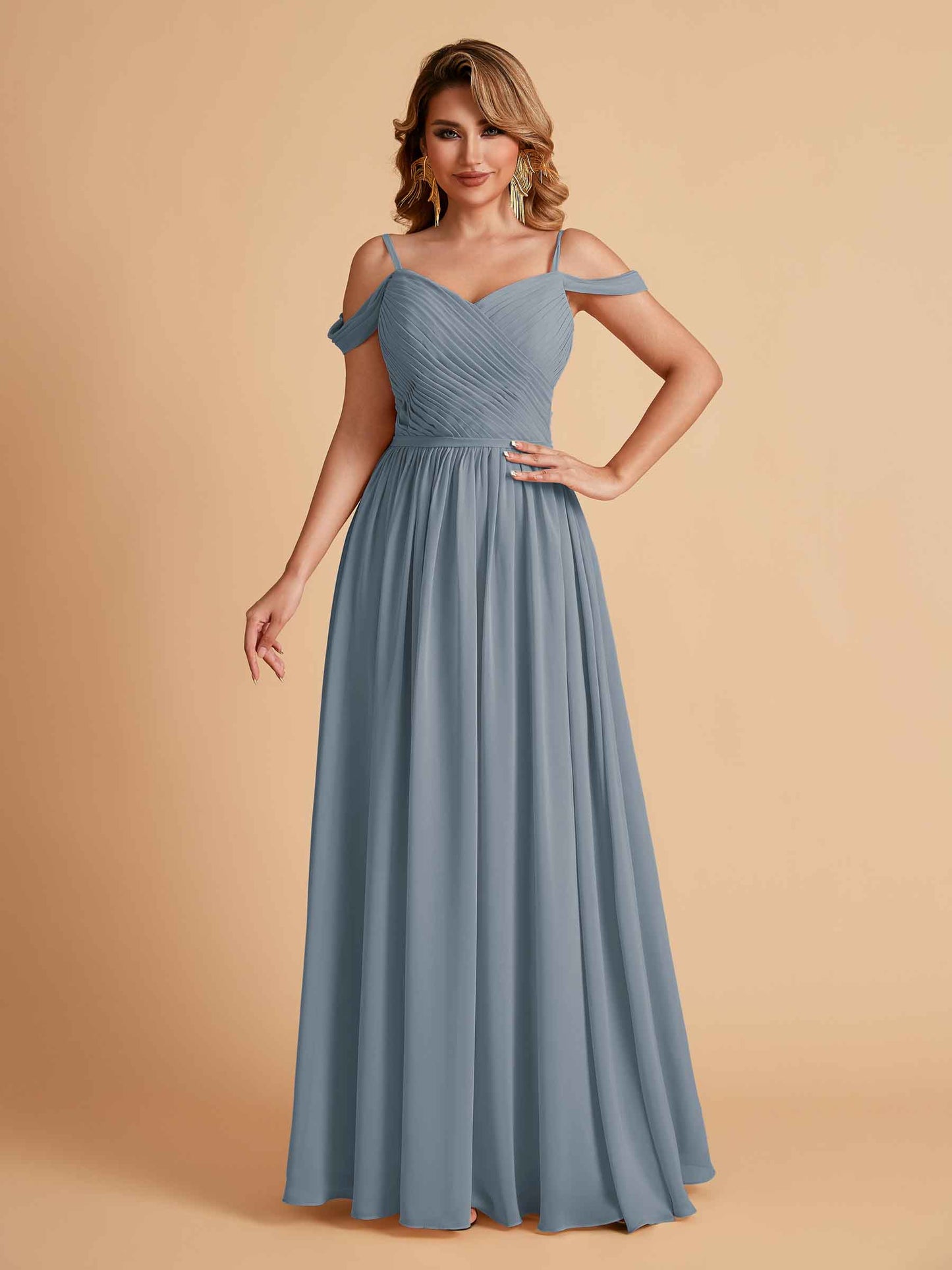 Elegant A-line Chiffon Off The Shoulder V-Neck Bridesmaid Dresses Online