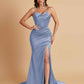 Sexy Spaghetti Straps V Neck Soft Satin Side Slit Floor-Length Mermaid Bridesmaid Dresses