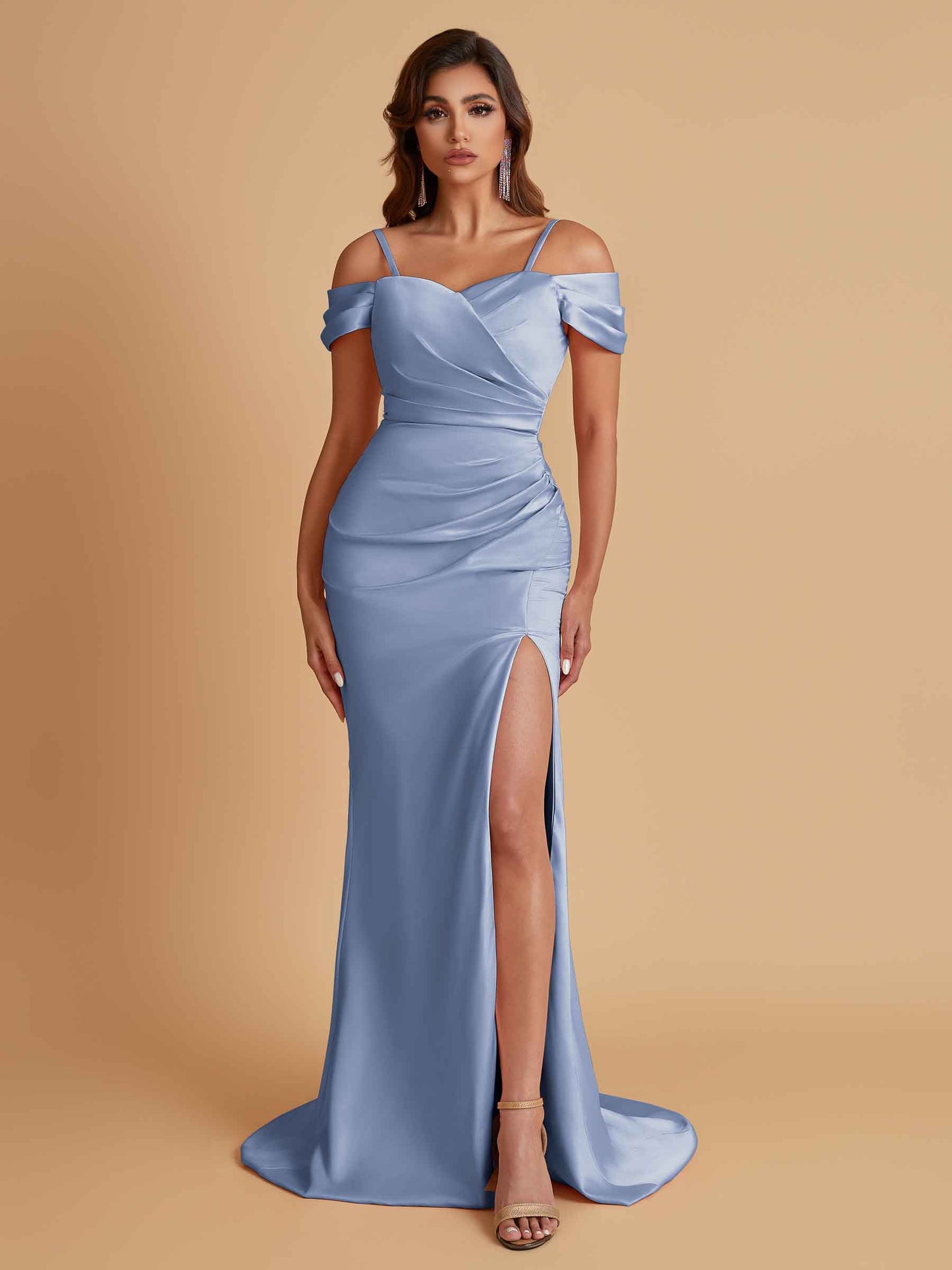 Sexy Soft Satin Mermaid Cold Shoulder Side Slit Floor-Length Bridesmaid Dresses Online