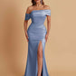 Elegant Soft Satin Mermaid Off Shoulder Asymmetrical Side Slit Floor-Length Bridesmaid Dresses