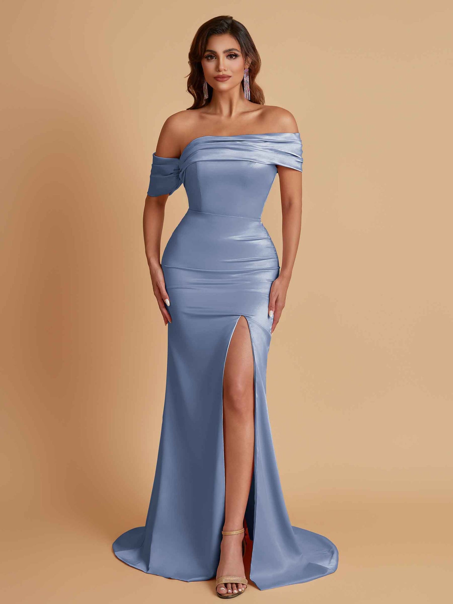 Elegant Soft Satin Mermaid Off Shoulder Asymmetrical Side Slit Floor-Length Bridesmaid Dresses