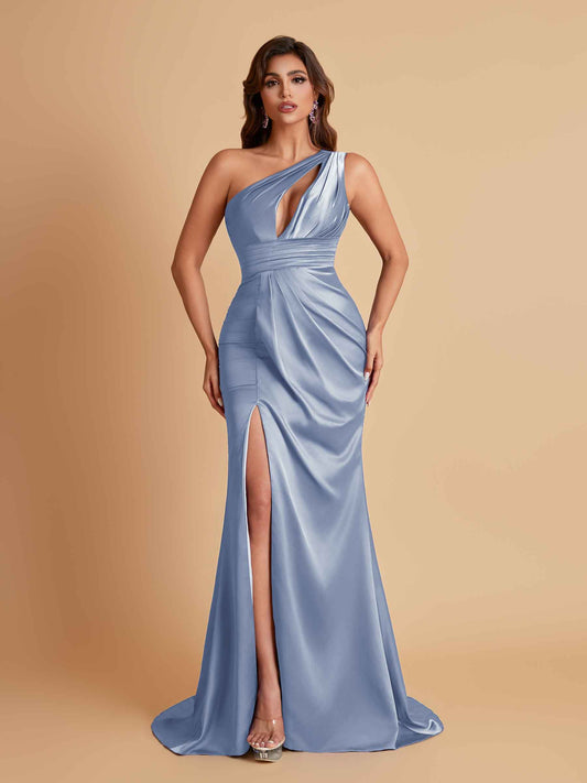 Sexy One Shoulder Soft Satin Side Slit Floor-Length Mermaid Bridesmaid Dresses