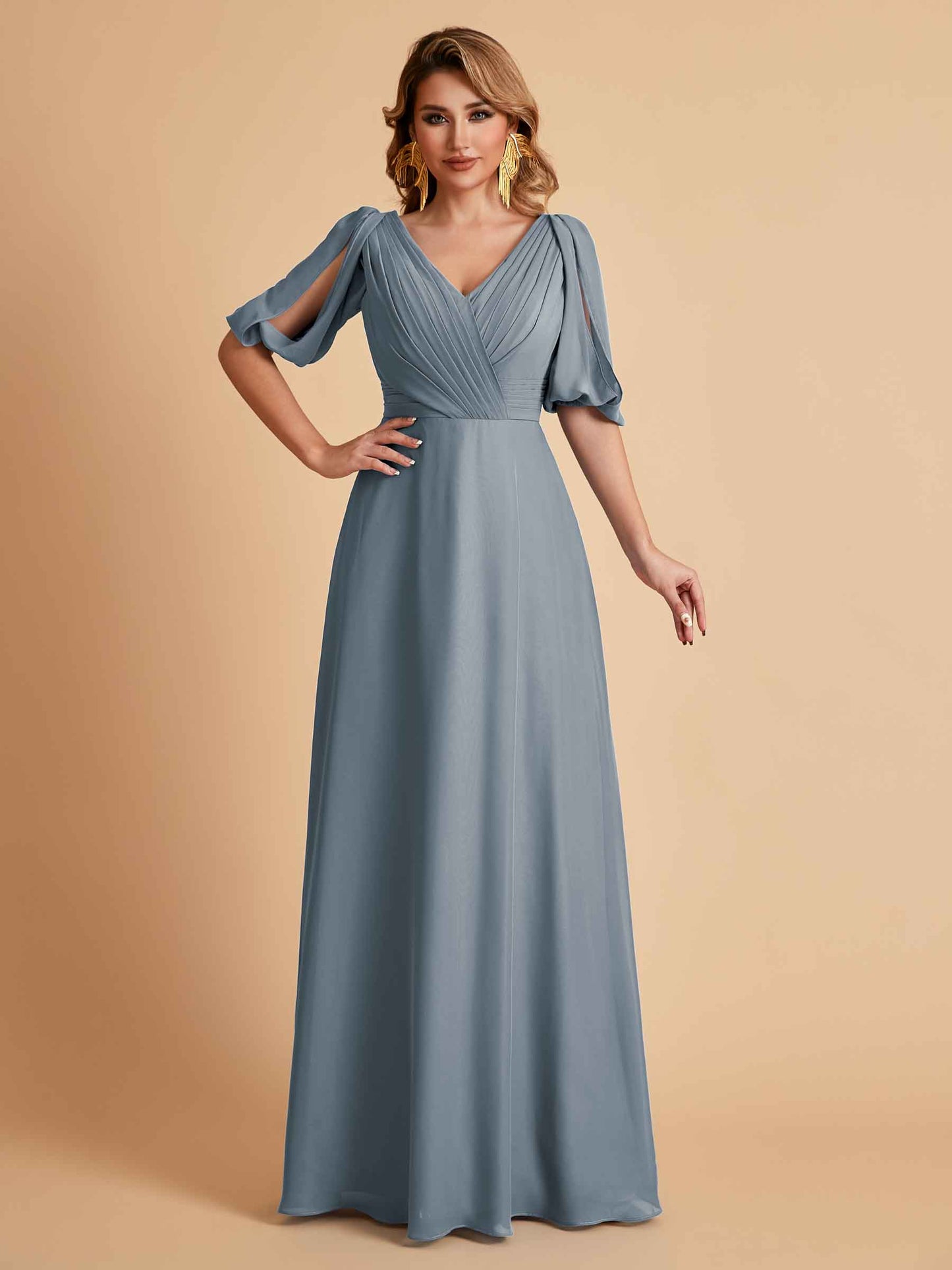 Elegant A-Line Chiffon Half Sleeves V-Neck Mother of the Brides Dresses Online