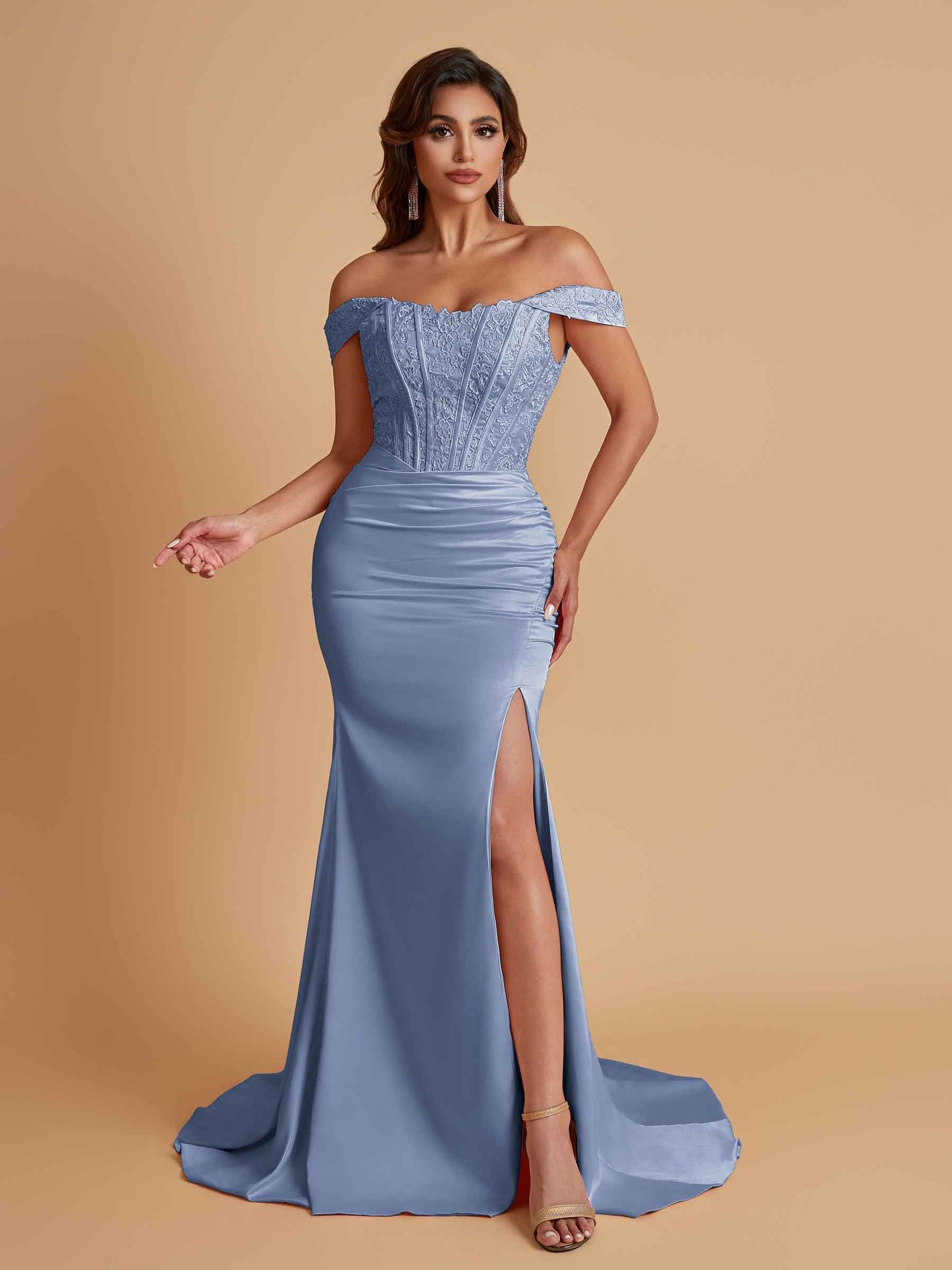 Elegant Soft Satin Mermaid Off Shoulder Side Slit Floor-Length Mermaid Bridesmaid Dresses