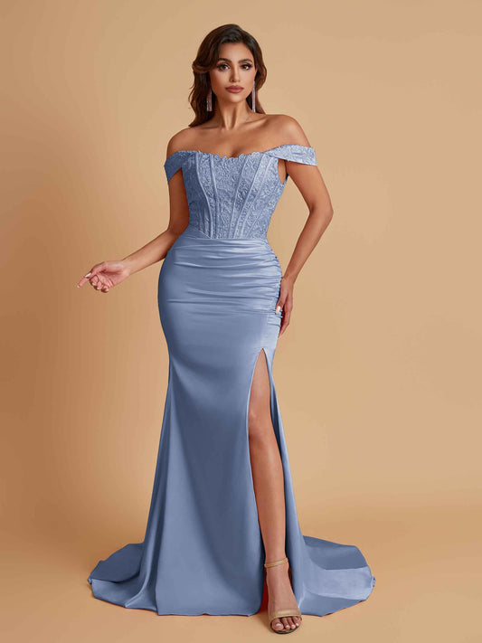 Elegant Soft Satin Mermaid Off Shoulder Side Slit Floor-Length Mermaid Bridesmaid Dresses