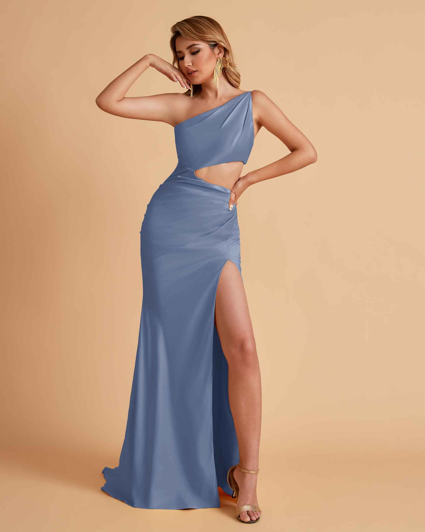 Sexy One-Shoulder Waist Cutout With High Split Floor-Length Bridesmaid Dresses