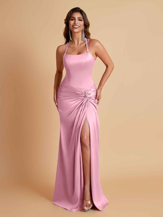 Gorgeous Square Criss Cross Soft Satin Side Slit Floor-Length Mermaid Bridesmaid Dresses