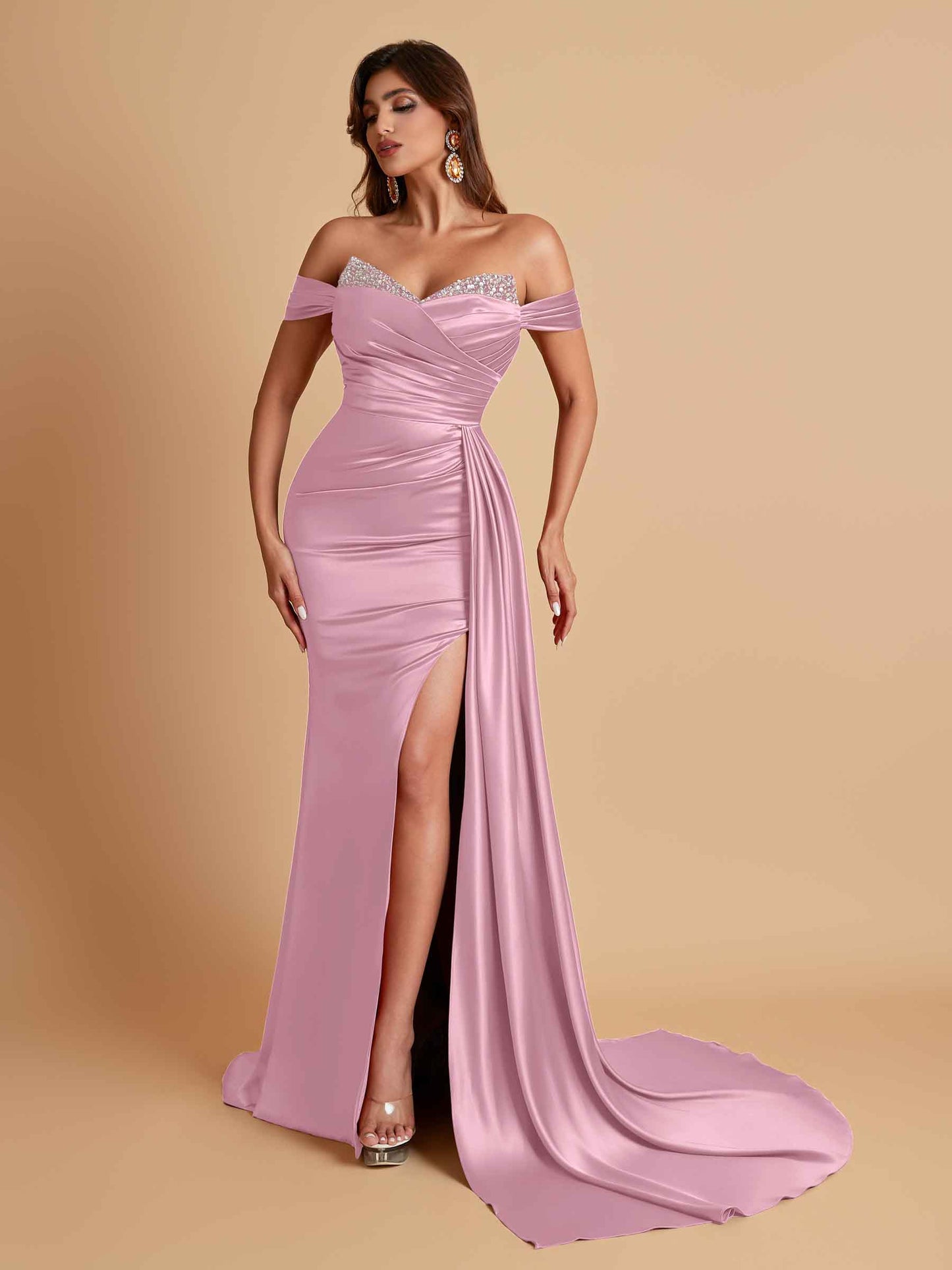 Gorgeous Soft Satin V-neck Off-the-Shoulder Side-Slit Mermaid Bridesmaid Dresses