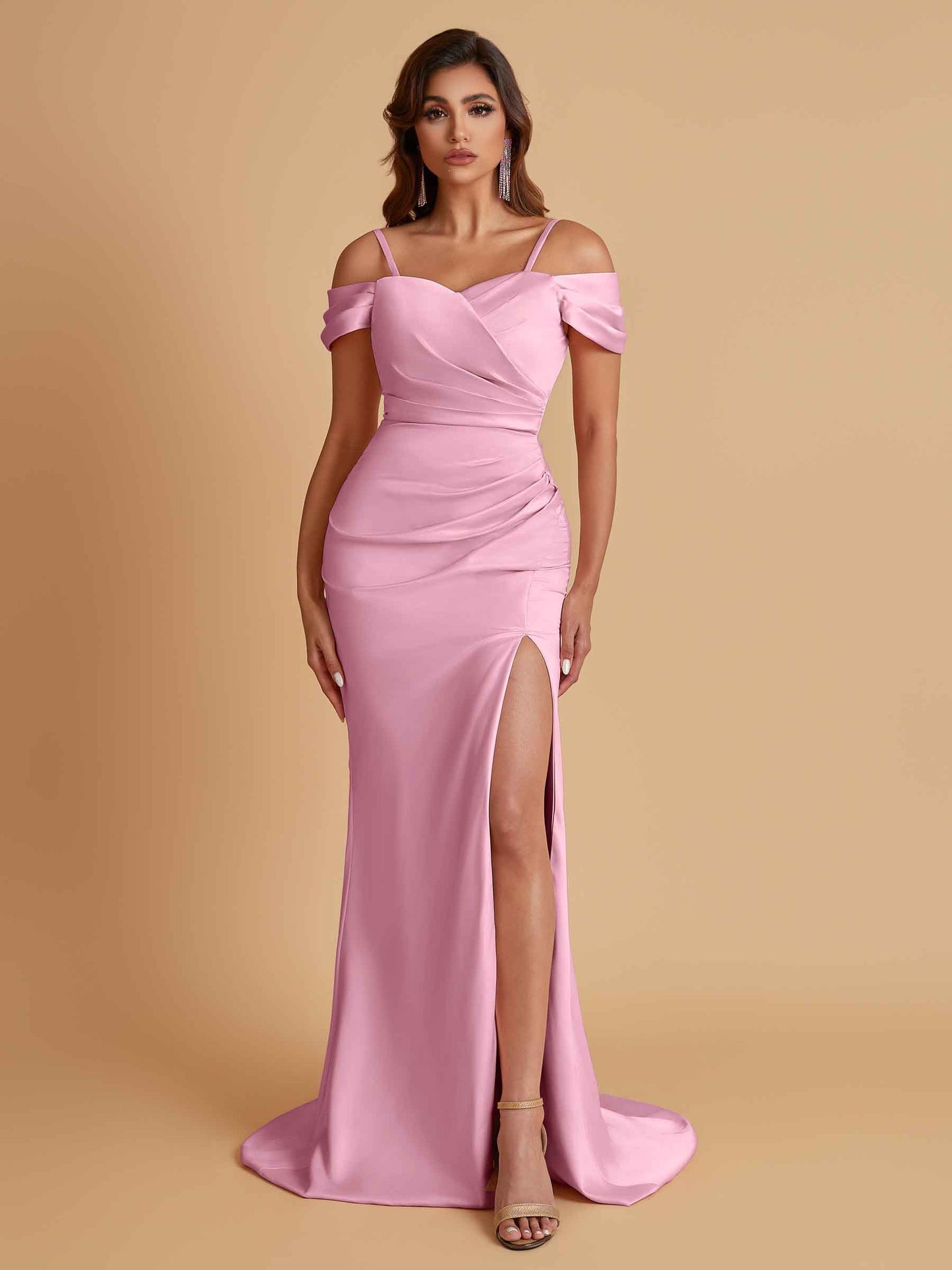 Sexy Soft Satin Mermaid Cold Shoulder Side Slit Floor-Length Bridesmaid Dresses Online