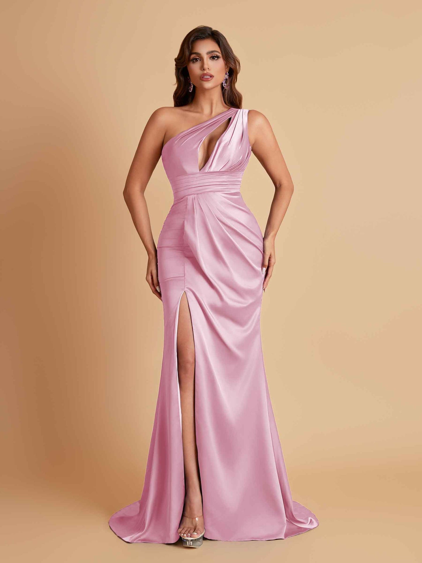 Sexy One Shoulder Soft Satin Side Slit Floor-Length Mermaid Bridesmaid Dresses