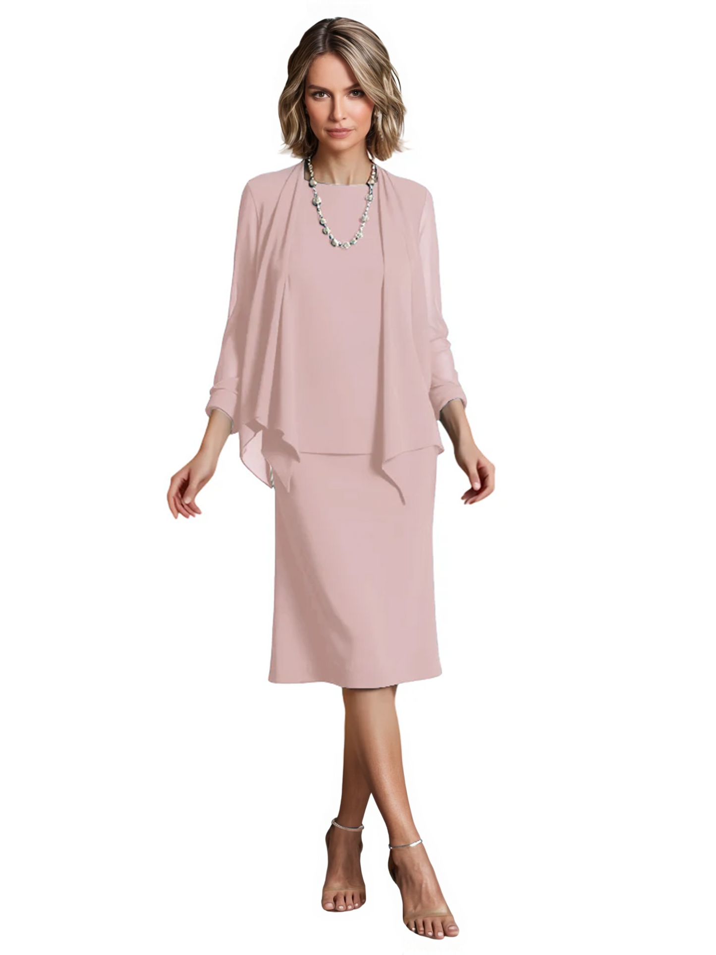 3 PCS Knee-Length Mother of Bride Dresses Prom Dress Evening Dress with Sheer Sleeves and Jacket
