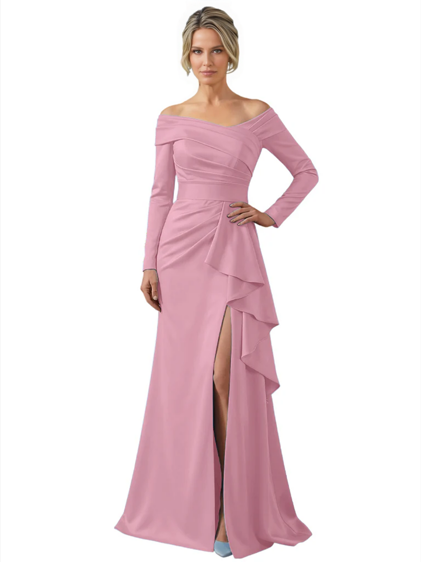 Elegant Mother of the Groom Dress Cascading Ruffle Satin Gown with High Slit Long Sleeves