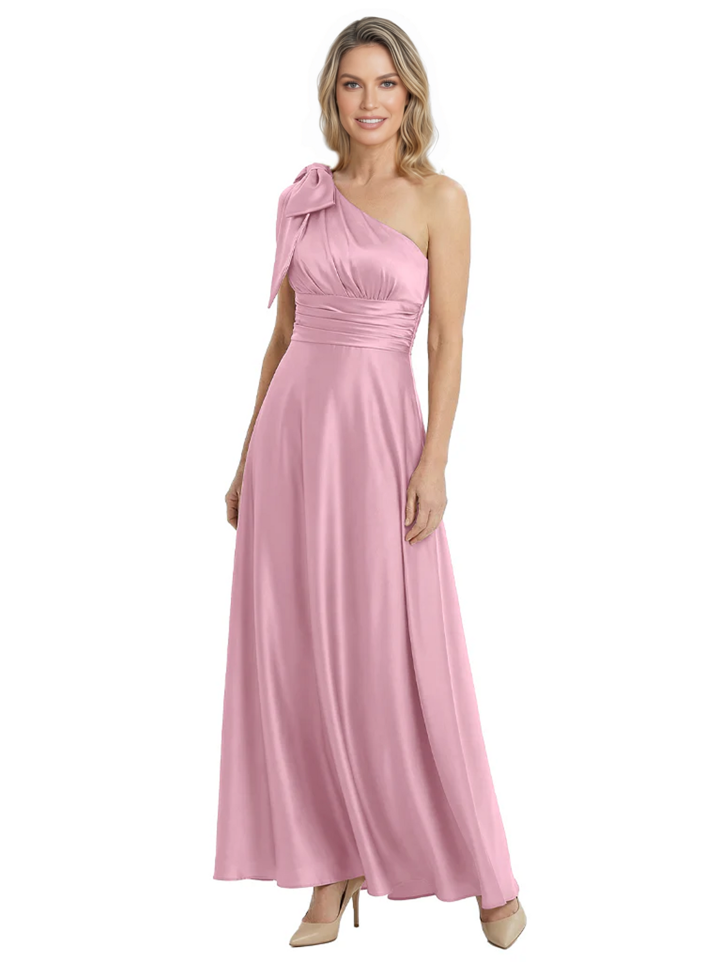 One-Shoulder Mother of the Bride Dress Satin Gown with Bow Ruched Empire Waist