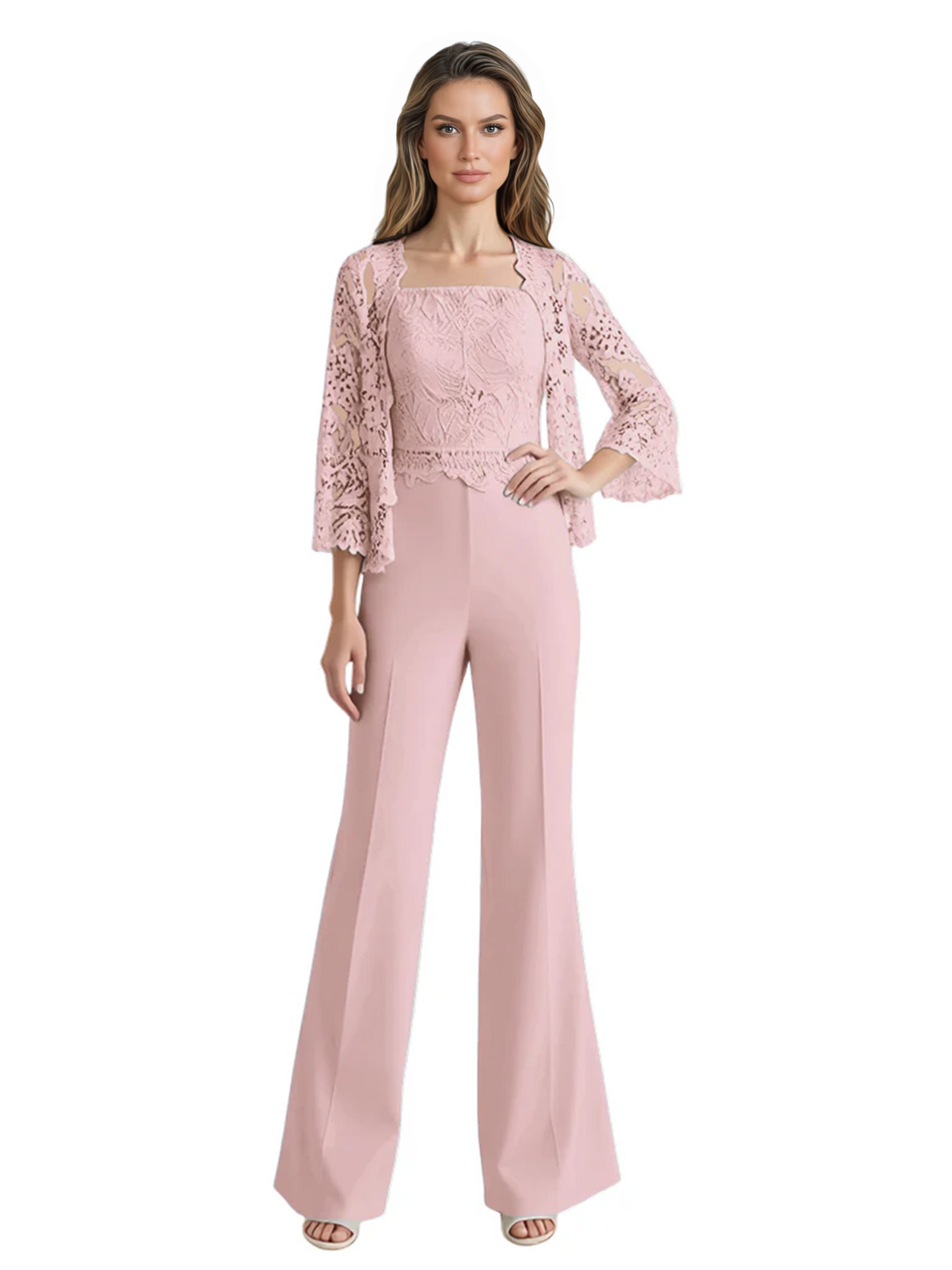 Mother of the Bride Jumpsuit with Lace Jacket 3/4 Sleeve Formal Pant Suit