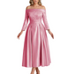 Off Shoulder Mother of the Bride Dress Tea-Length Satin Gown with Lace Applique