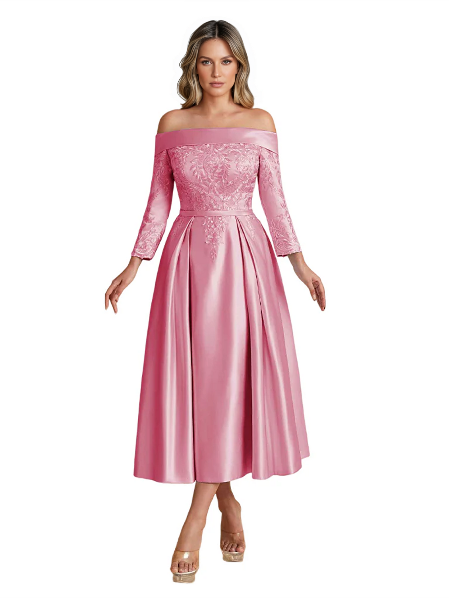 Off Shoulder Mother of the Bride Dress Tea-Length Satin Gown with Lace Applique