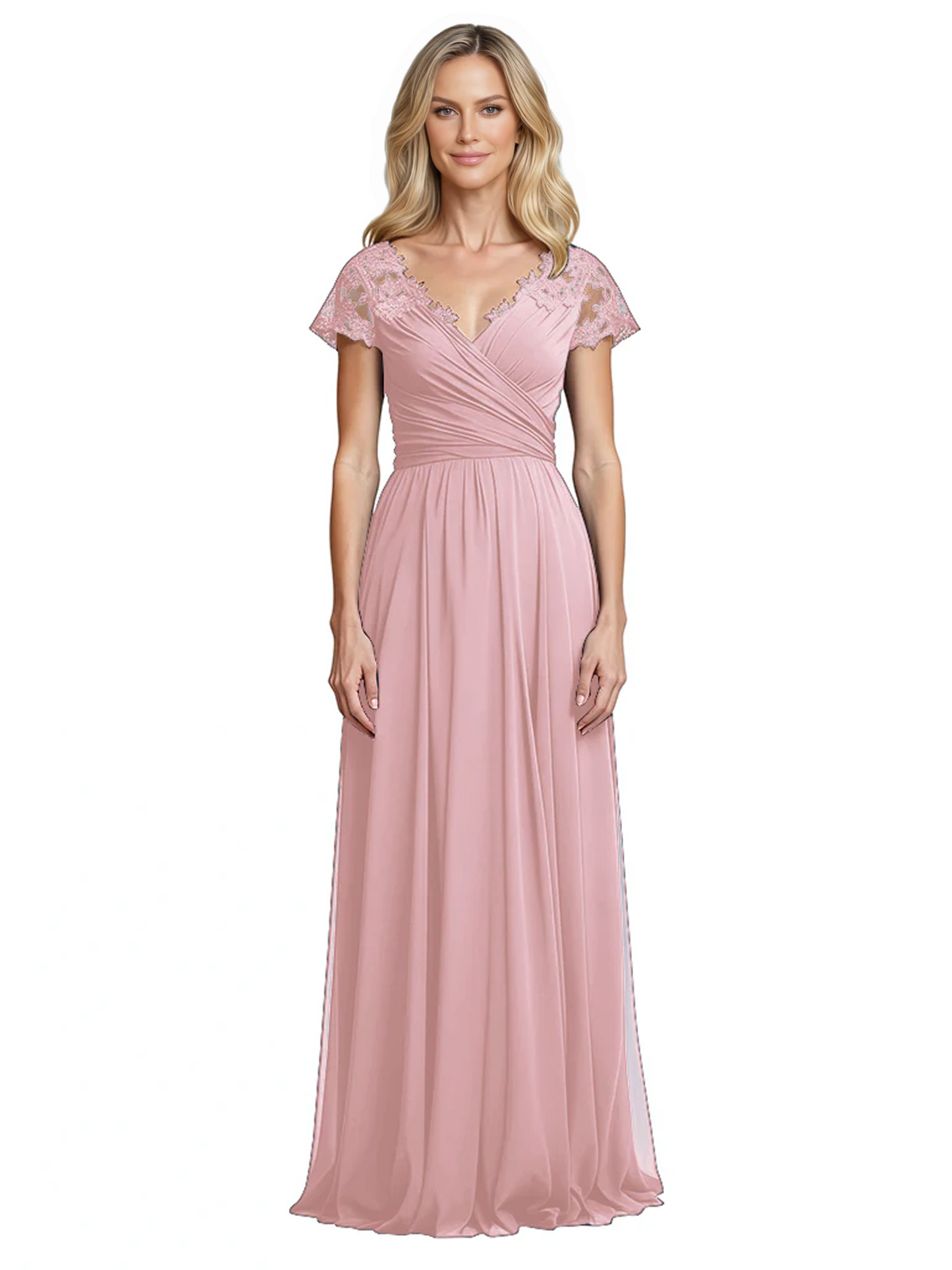 Mother of the Bride Dress Cap Sleeves and V-Neckline with Embroidered Lace Shoulders