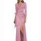 Elegant Evening Gowns Slit Trending Styles Satin Slit Formal Dress Cowl Neckline Gown Tie