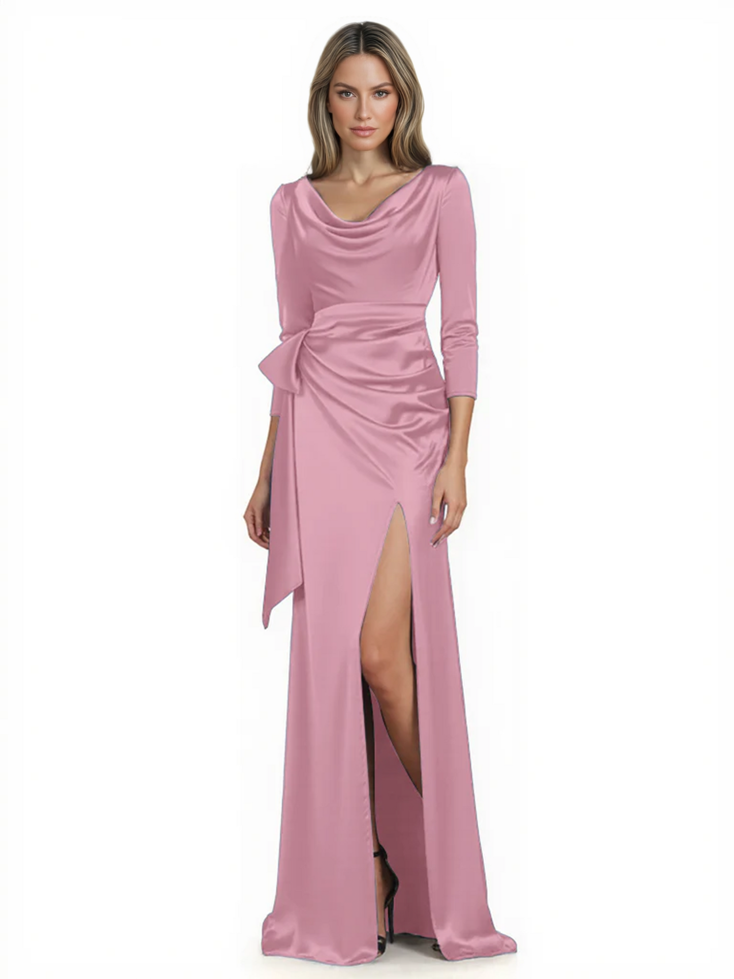 Elegant Evening Gowns Slit Trending Styles Satin Slit Formal Dress Cowl Neckline Gown Tie