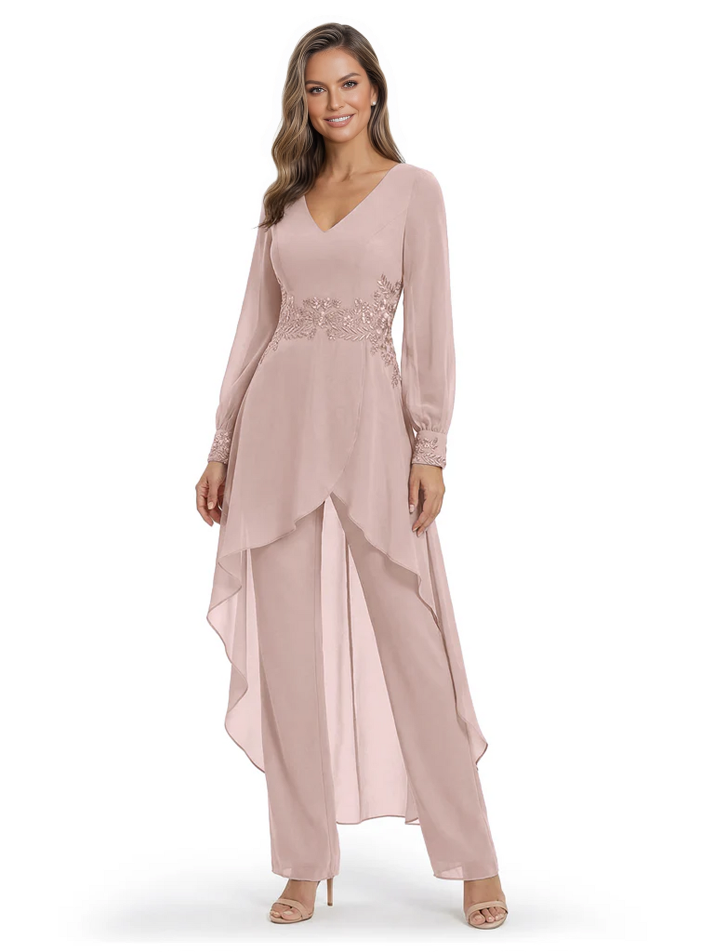 Luxury Black Formal Trousers Set High-Low Chiffon Top with Sparkling Beaded Detail