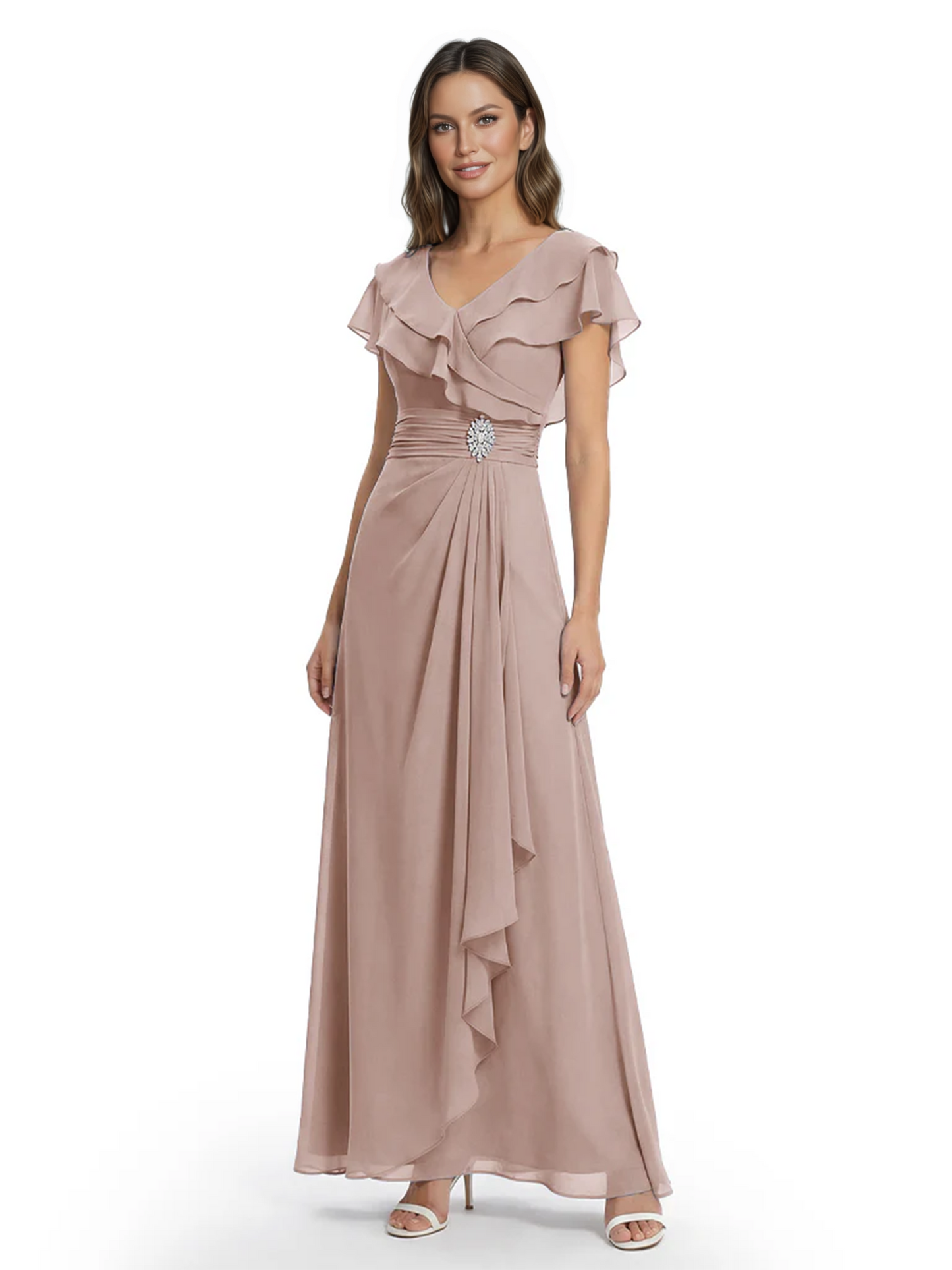 Elegant Mother of the Groom Dress Cascading Ruffle Chiffon Formal Gown Rhinestone