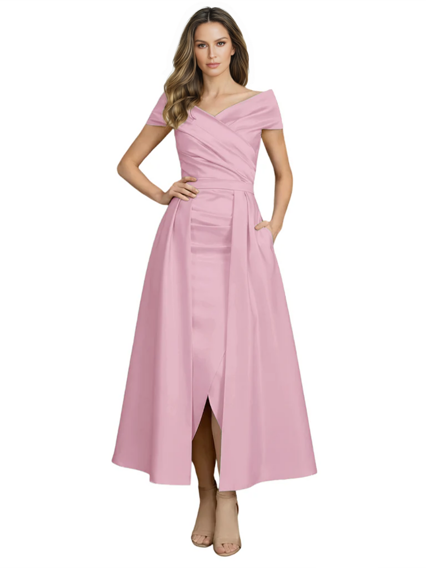 Formal Floor-Length Mother of the Bride Gown Satin Maxi Dress with Slit Off Shoulder