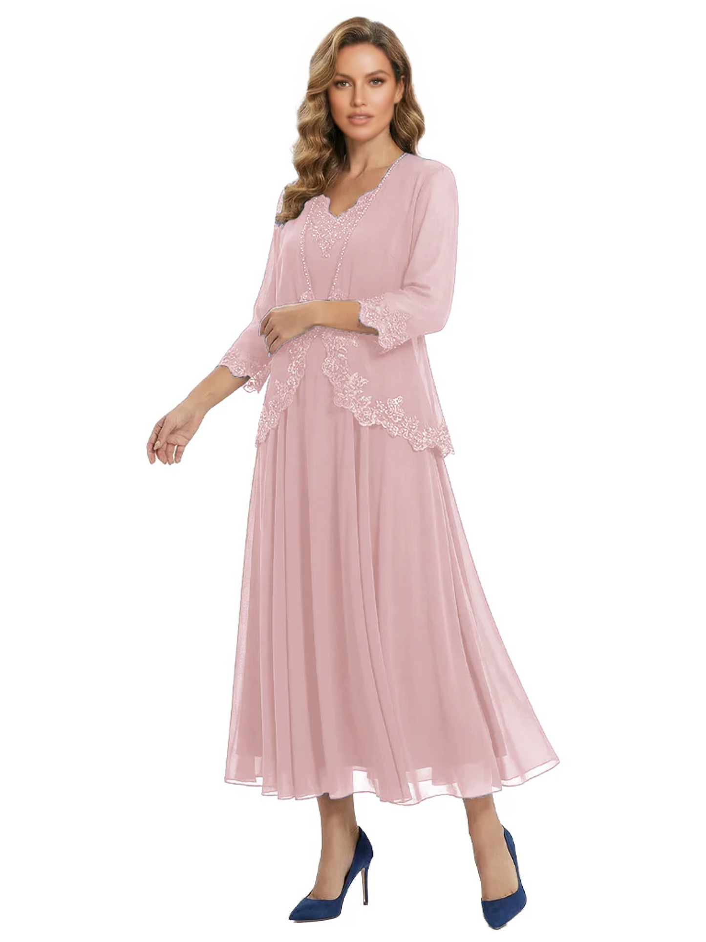 3/4 Sleeve Chiffon Mother of the Brides Dresses V-Neck Wedding Party Gowns