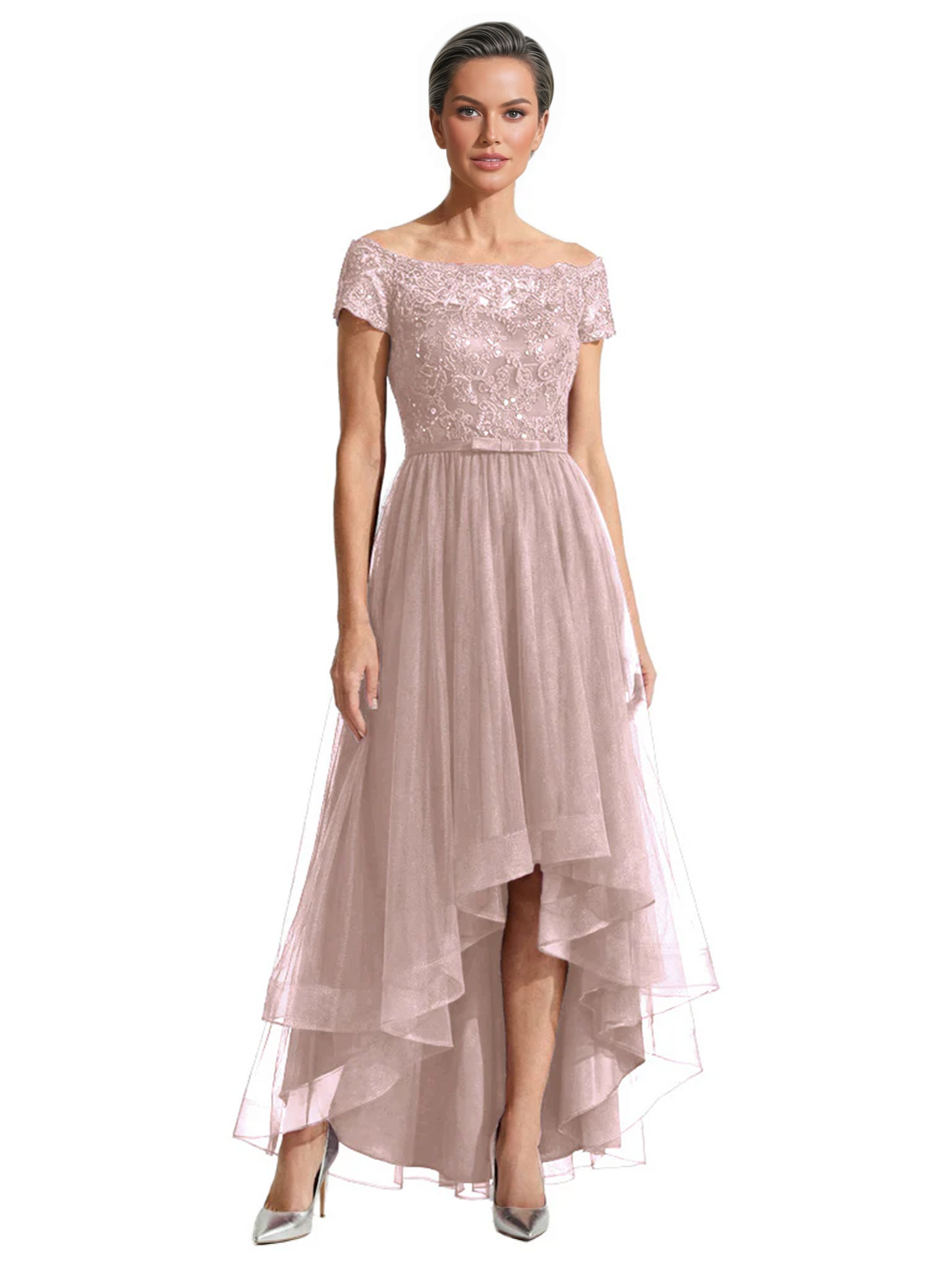 Formal High-Low Mother of the Bride Gown Short Sleeve Lace Maxi Dress with Tiered Skirt