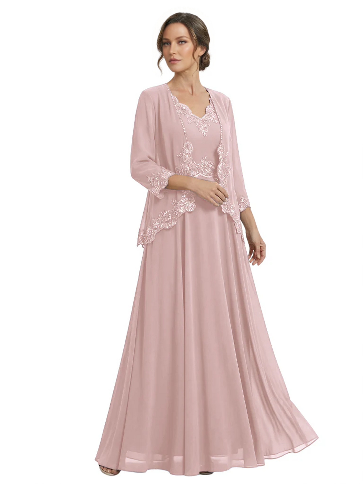 Plus Size A-line Chiffon 3/4 Sleeves Mother of the Brides Dresses Long Jacket Dress