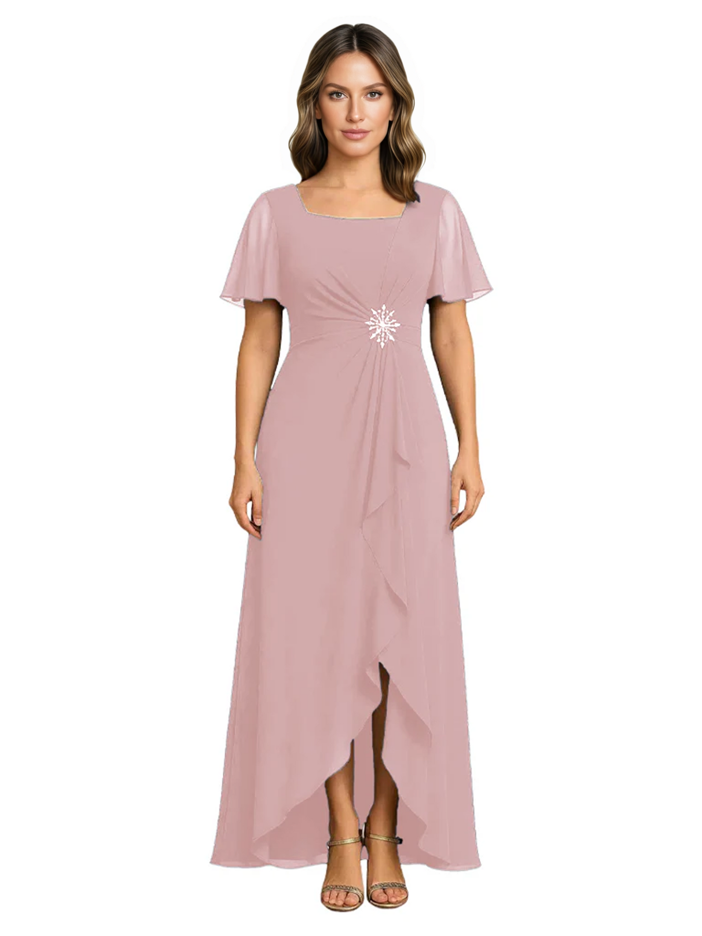 Formal High-Low Mother of the Bride Gown Sleeved Chiffon Maxi Dress Ruched Waist
