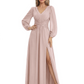 A-Line Mother of Bride Dress V-Neck Chiffon Gown Long Sleeves Slit Formal Dress