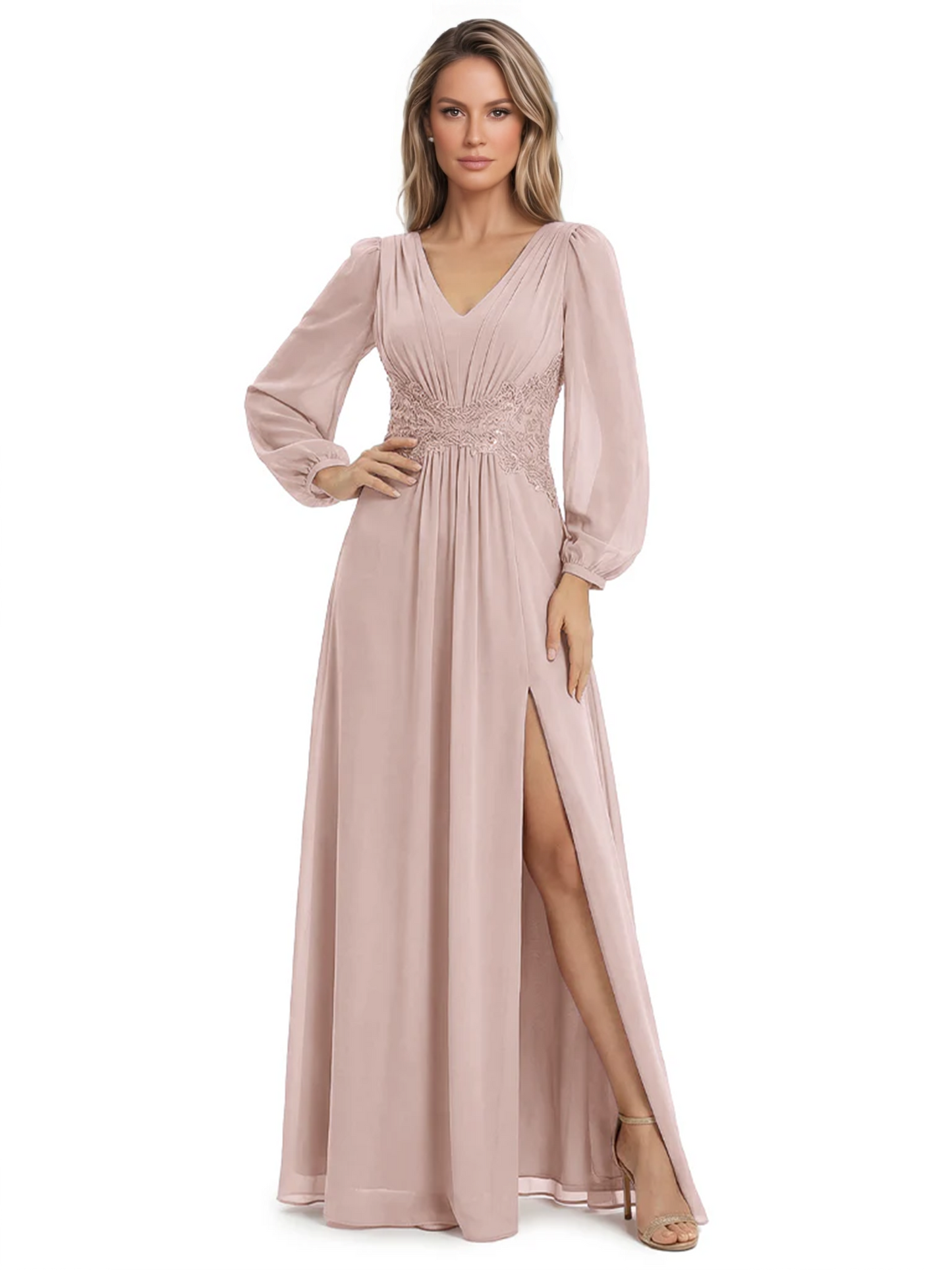 A-Line Mother of Bride Dress V-Neck Chiffon Gown Long Sleeves Slit Formal Dress