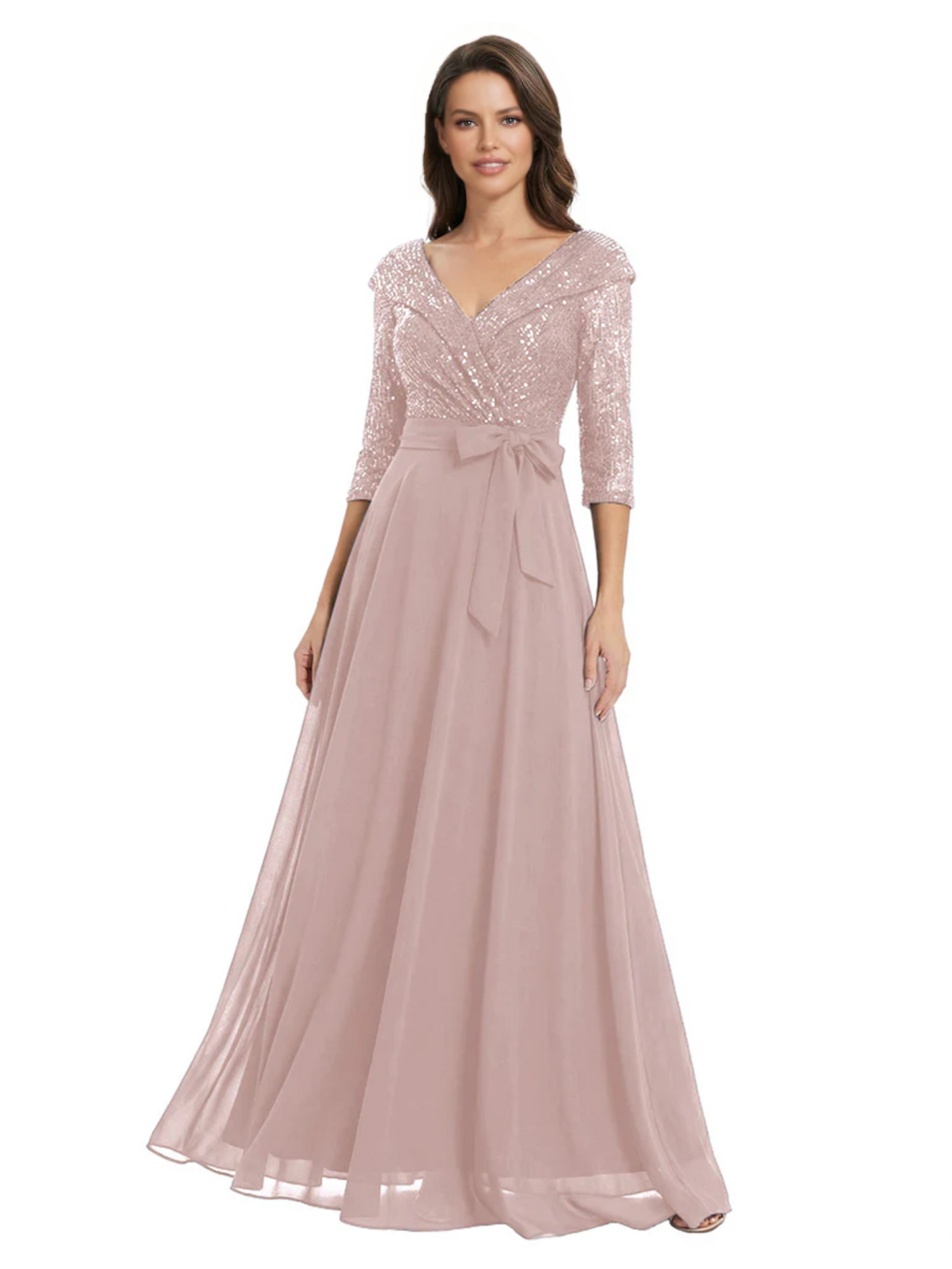 Chiffon Mother of the Bride Dress with Sequin V-Neck and Elegant Bow Sash