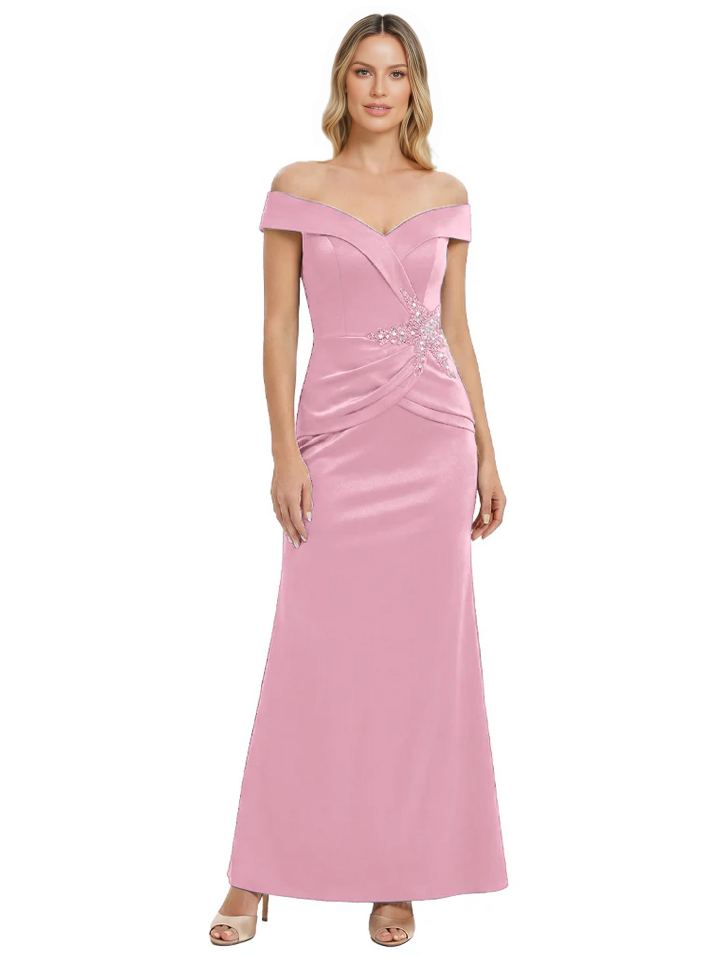 Off Shoulder Mother of the Bride Dress Beaded Waist Satin Gown Portrait Neckline