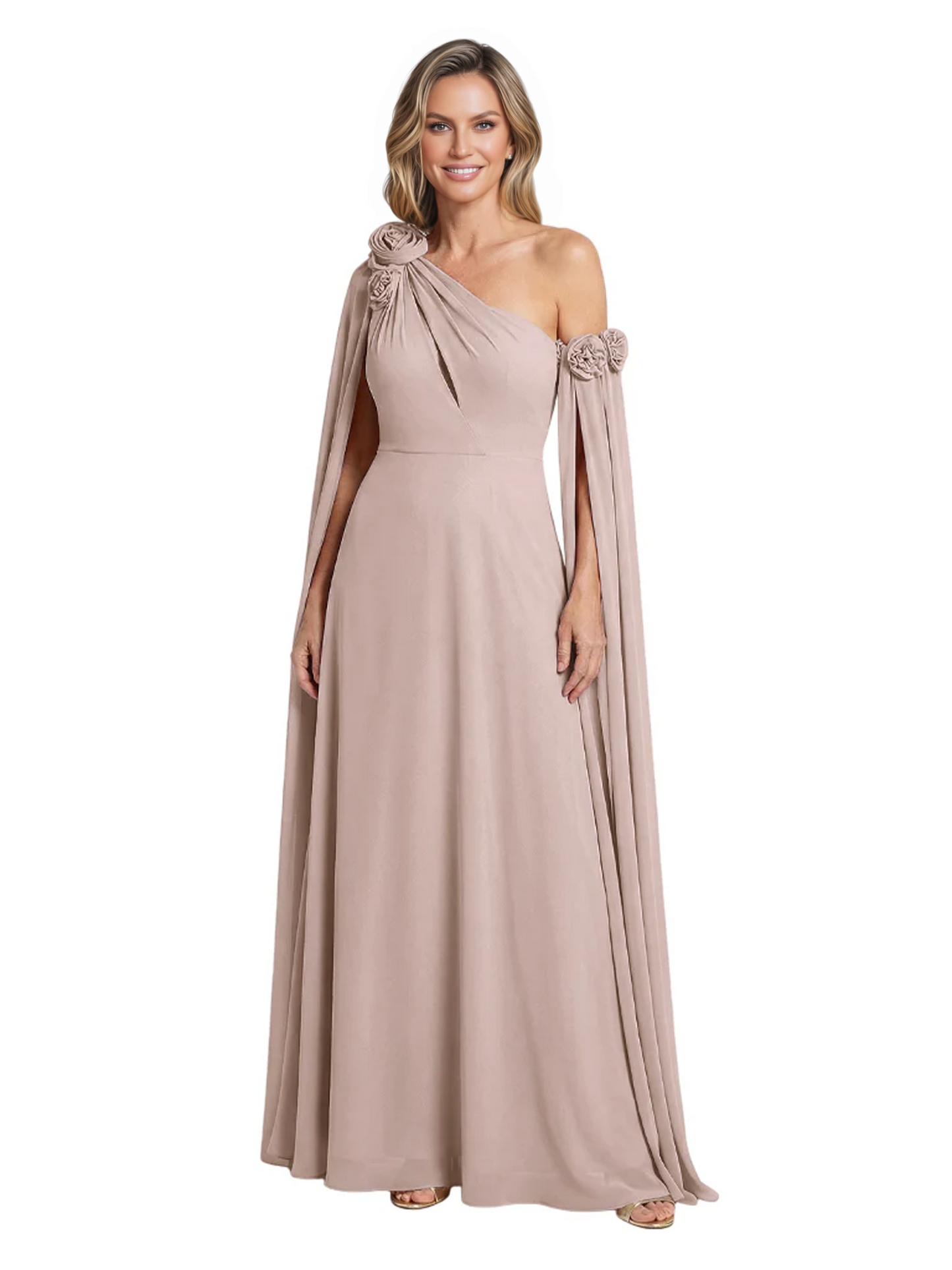One Shoulder Mother of the Bride Dress Asymmetrical Cape Sleeve Gown with Floral