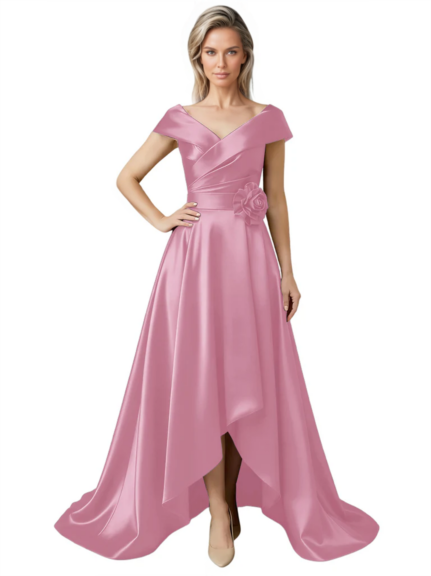 Off Shoulder Mother of the Bride Dress High-Low Satin Gown with Portrait Neckline