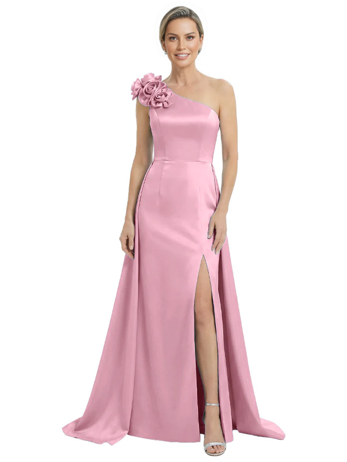One Shoulder Mother of the Bride Dress with 3D Floral Detail Formal Dress A-Line Gowns with Slit