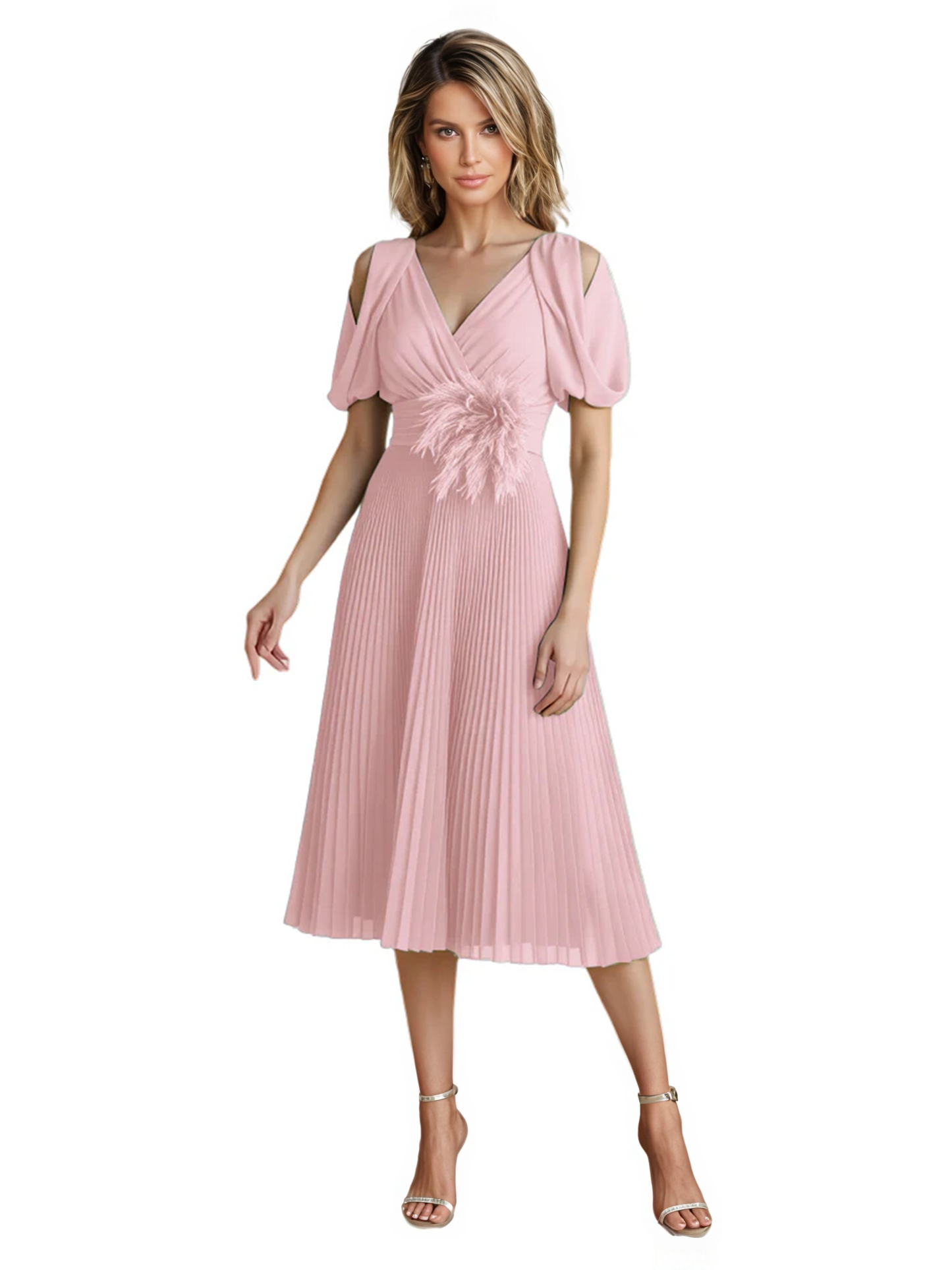 Wedding Formal Dress V-Neck Pleated Chiffon Gown with 3D Flower Accent Knee Length