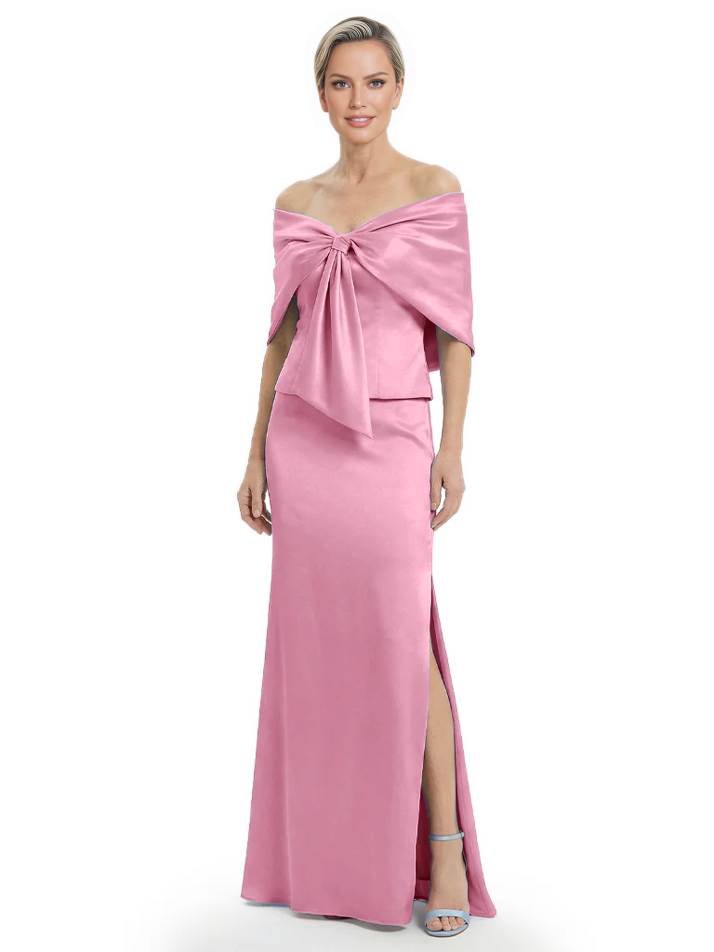 Formal Floor-Length Mother of the Bride Gown Satin Maxi Dress with Bow Neckline