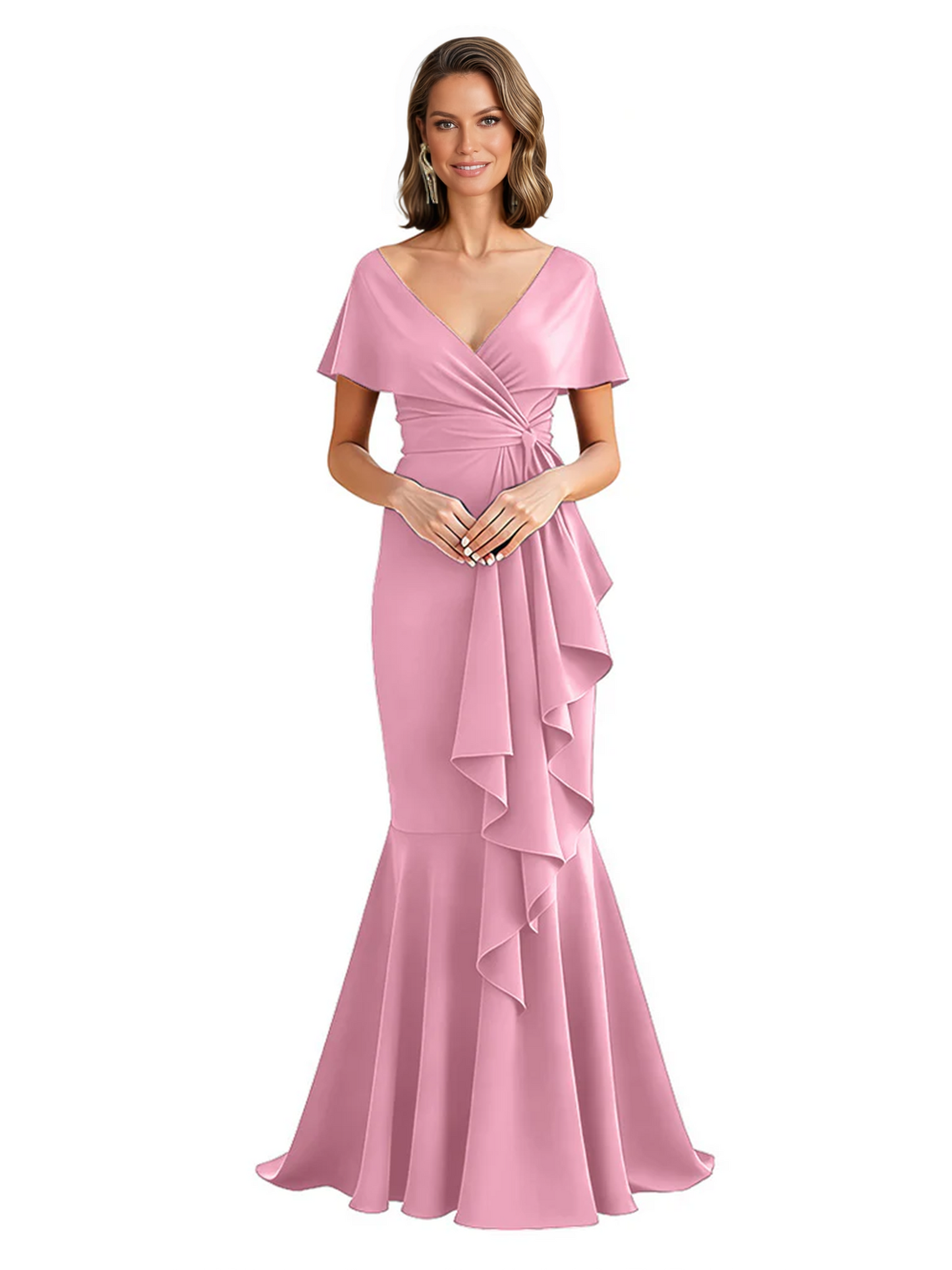 Satin Mother of the Bride Dress with Cascading Ruffles and Mermaid Tail V-Neck