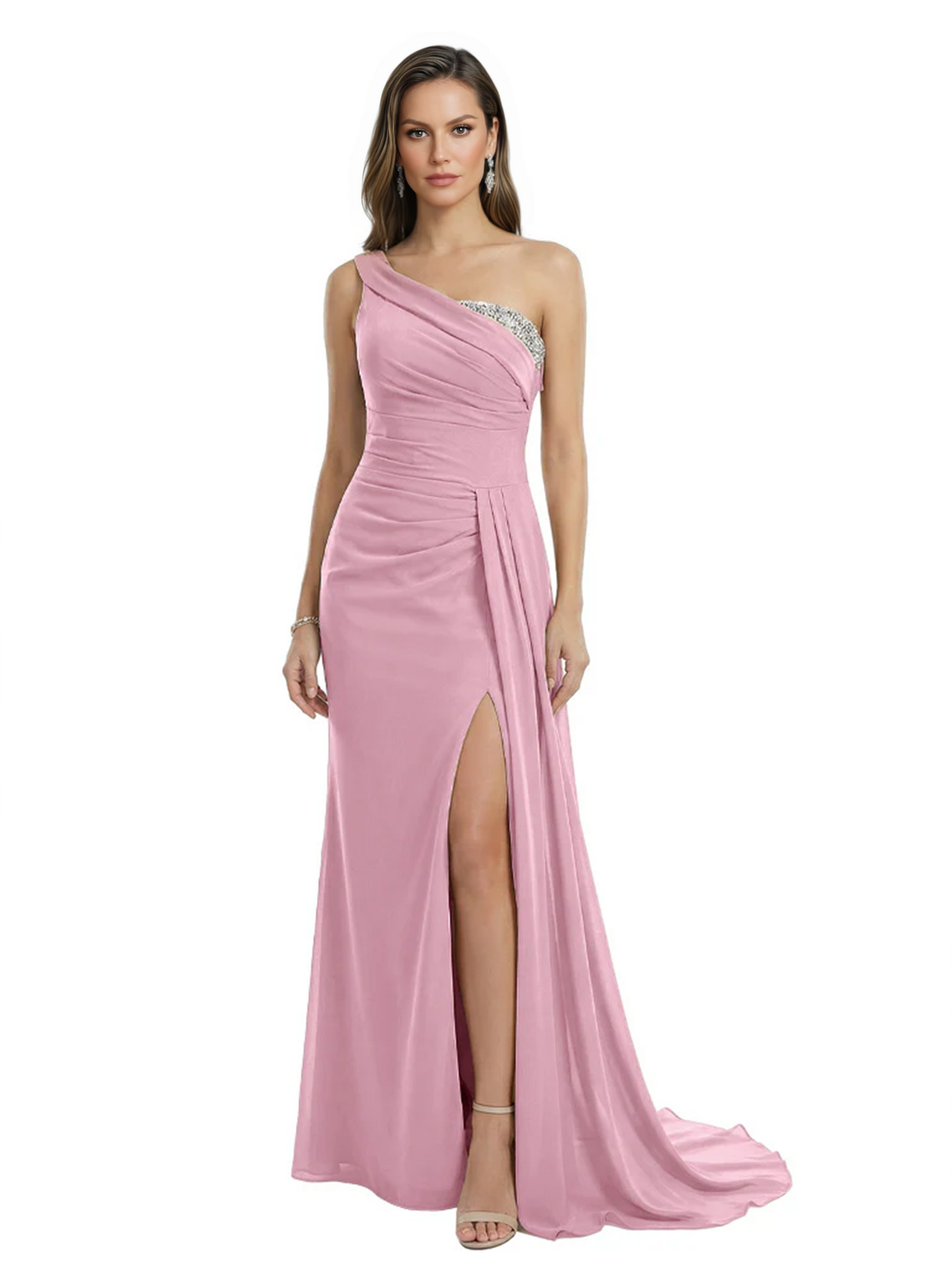 One Shoulder Mother of Bride Dress Ruffle Formal Gowns Mermaid Floor Length Train Slit