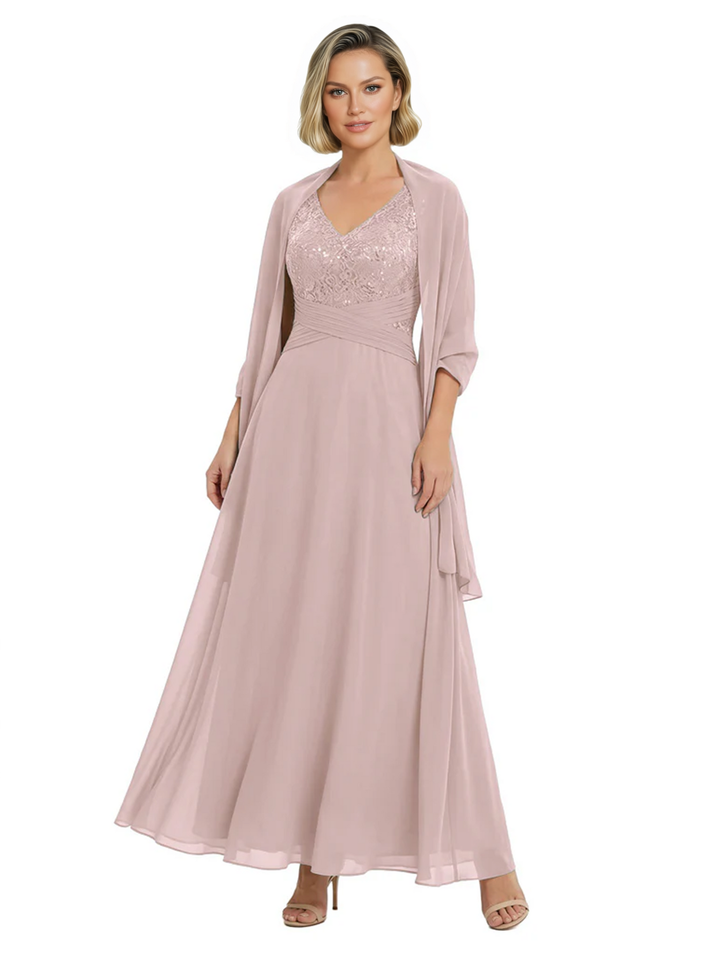 Luxury Formal Mother of Bride Dress Sparkling Sequin Top & Flowy Chiffon Skirt with Shawl