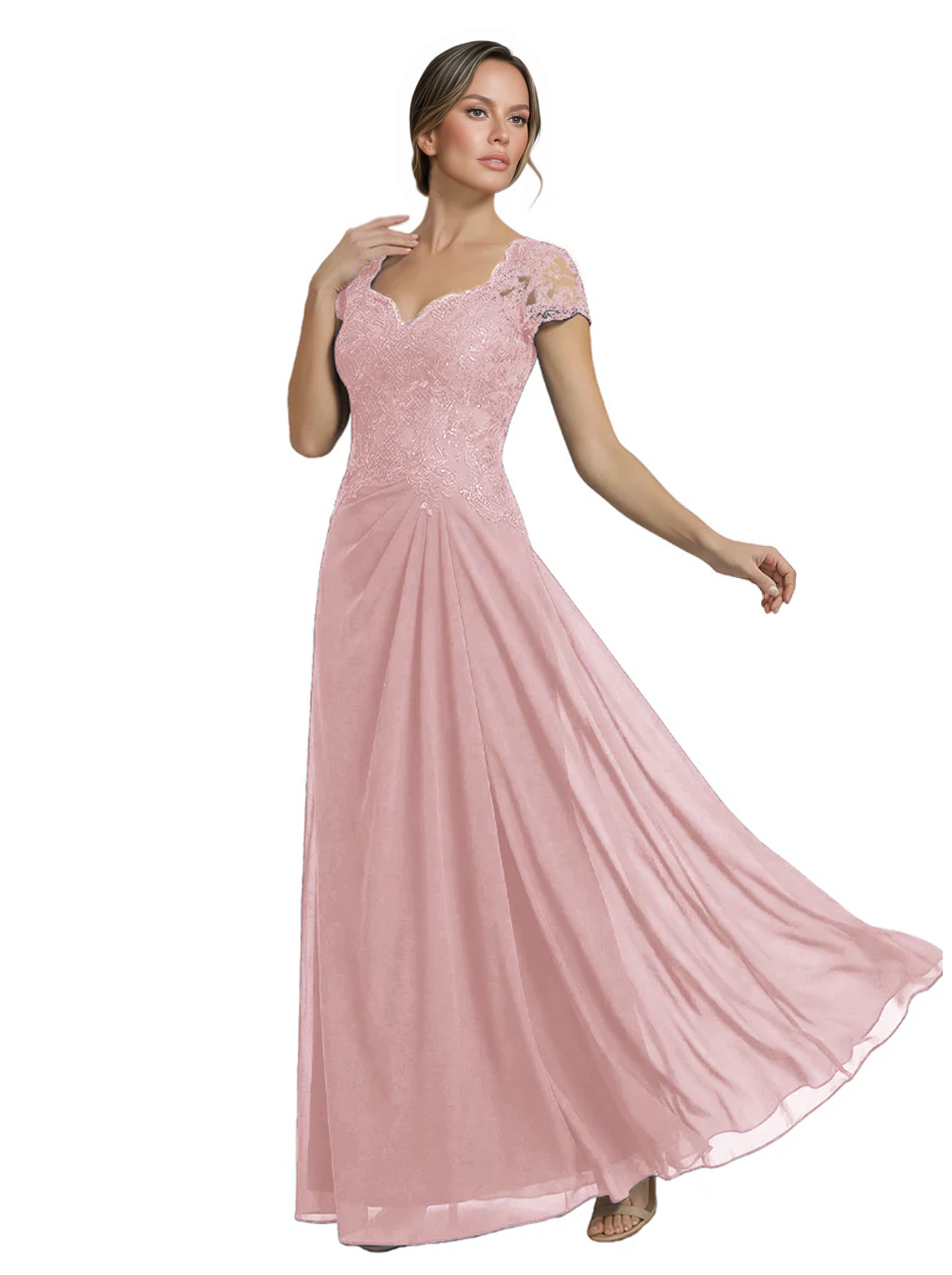 Long A-line Chiffon Short Sleeves Mother of the Brides Dresses Lace Wedding