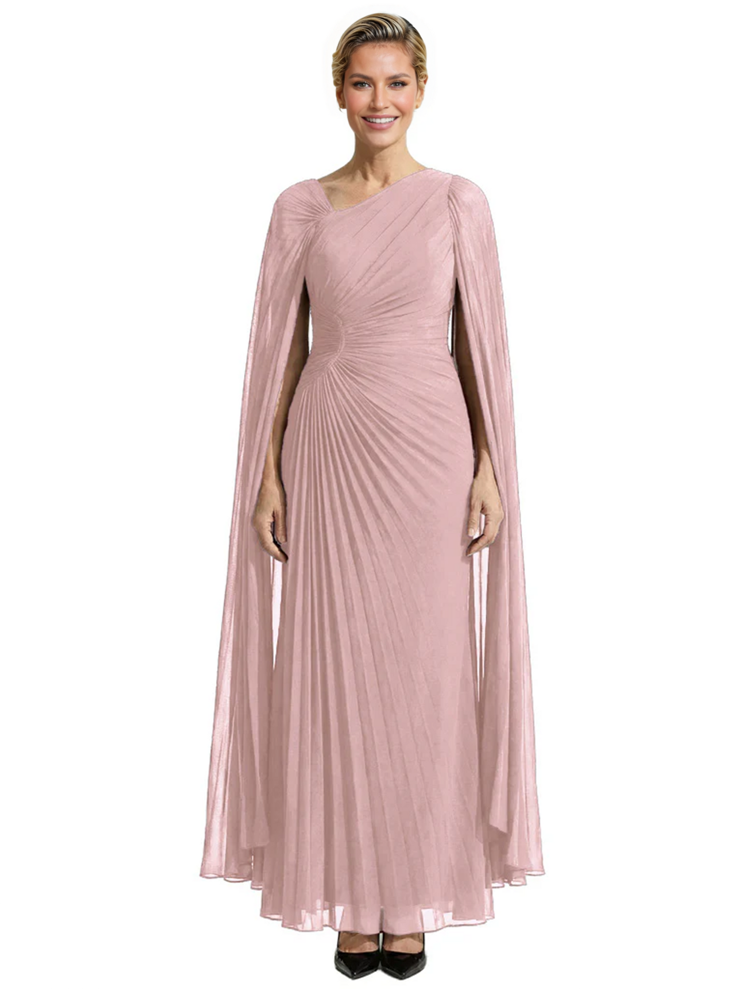 Elegant Asymmetric Neck Long A-Line Chiffon Mother of the Brides Dresses Mom Outfit with Cape
