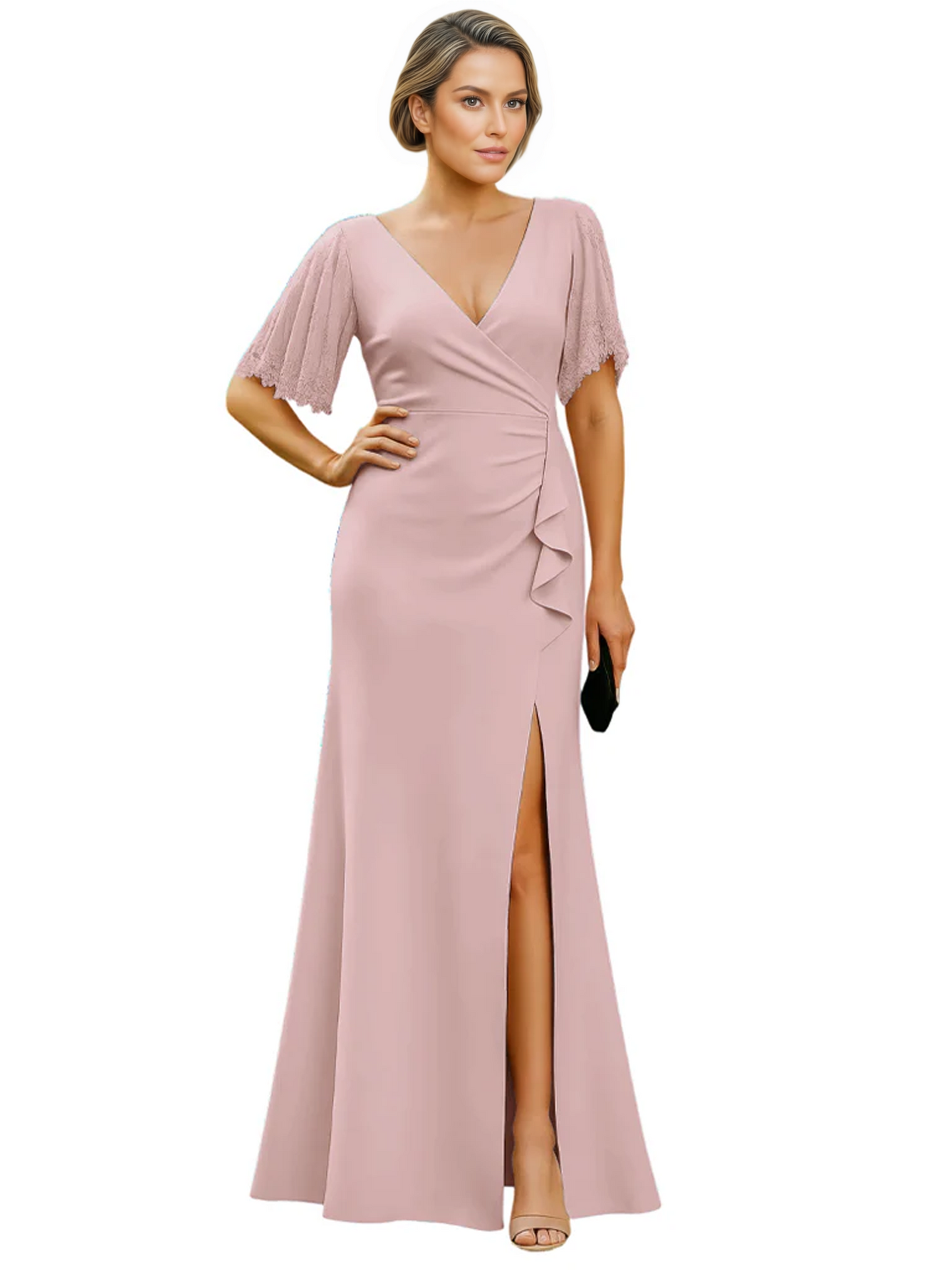 Elegant Evening Gown Trending V-Neck & Ruffle Detail Mother of Bride Outfits Slit