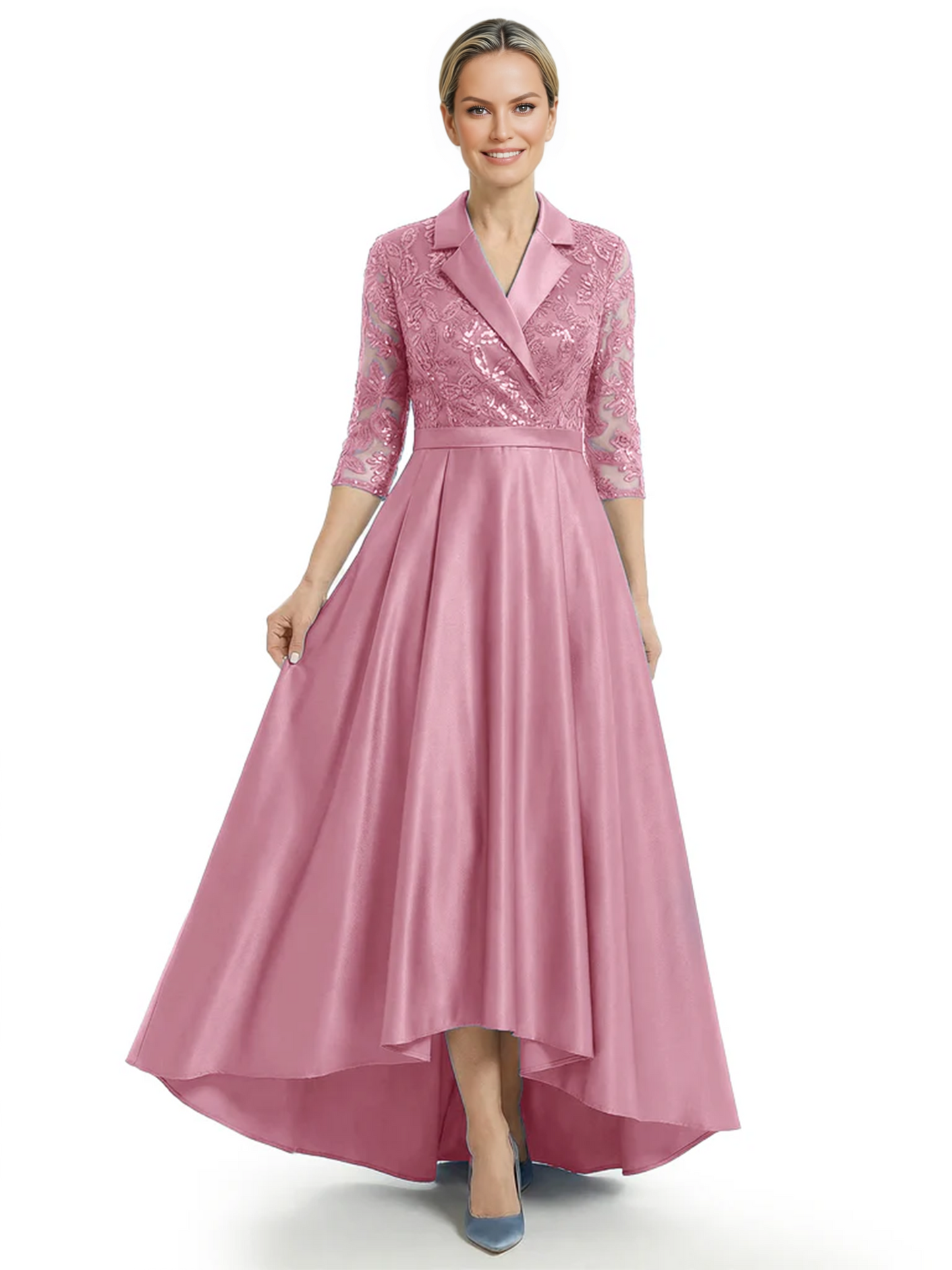 Elegant Mother of Bride Dress Evening Gowns Trending Styles with Lapel Collar 3/4 Sleeves