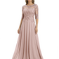 Illusion Neck Mother of the Bride Dress Half Sleeve Lace Applique Gowns Chiffon