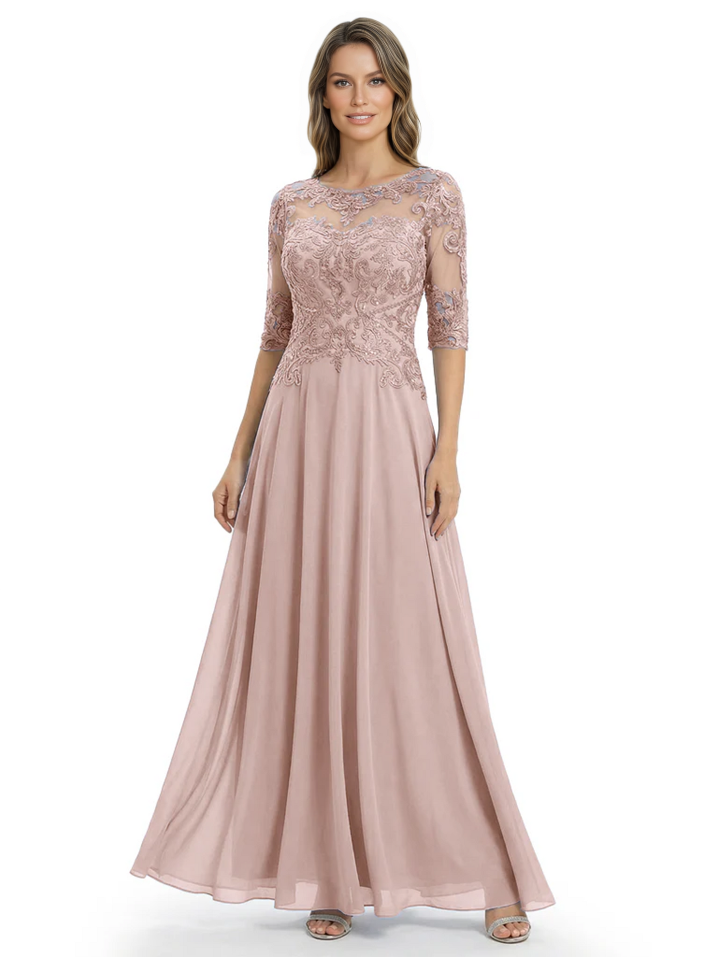 Illusion Neck Mother of the Bride Dress Half Sleeve Lace Applique Gowns Chiffon