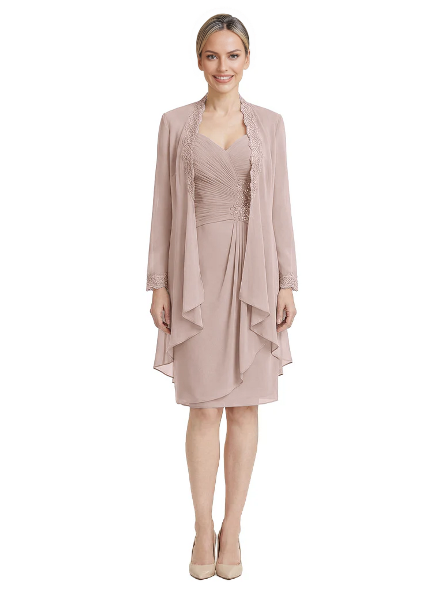 2PCS Knee Length Chiffon Mother of the Brides Dresses Short V-Neck
